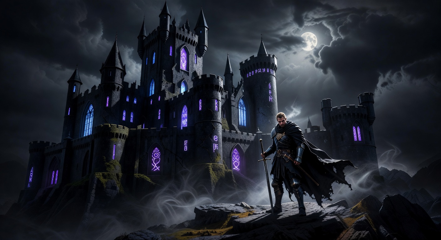 Dark fantasy medieval Camelot castle at night with glowing accents